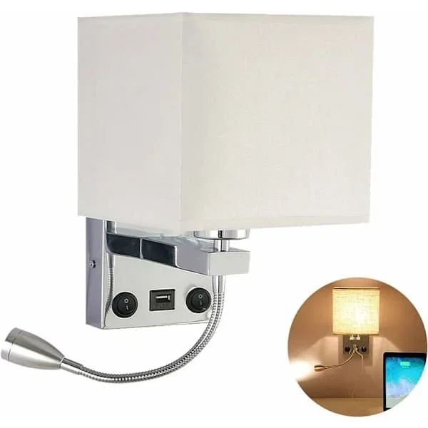 【xj】Bedside Lamp, Flexible USB LED Wall Lamp Reading Lamp Bedroom Swing Arm Mount E27 Wall Night Light (Bulbs Not Included) (1 with USB Port) [Energy 