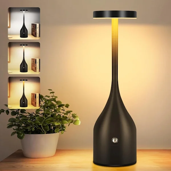 Sladdlös Bordslampa Uppladdningsbar 5000mAh Batteridriven LED Bordslampa, 3 Färger Steglös Dimning Bärbar Bordslampa Vattentät (Svart)