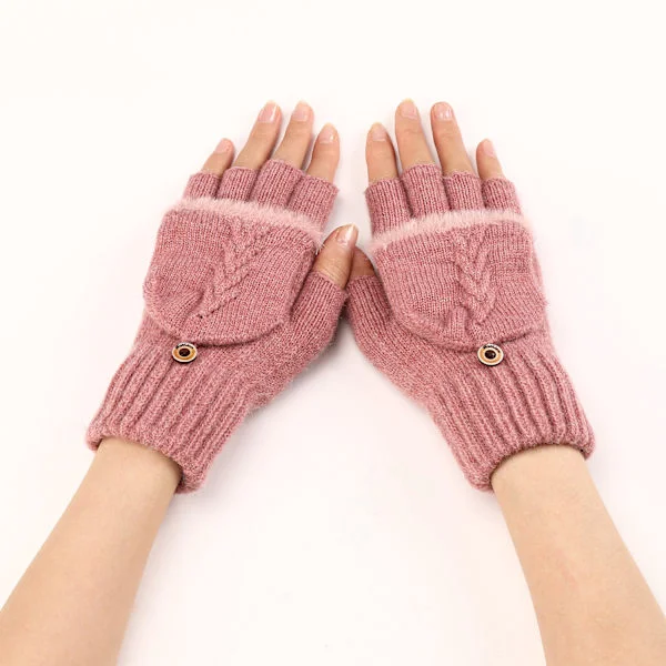 Korte, sammenleggbare, fingerløse ullhansker for kvinner, varme og moteriktige strikkede halvfingerermer (rosa)