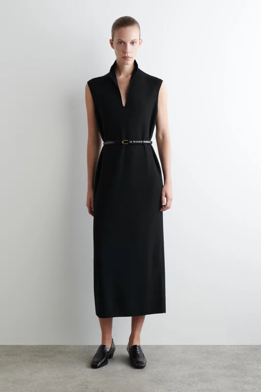 COS Women's Draped-Collar Merino Wool Dress in Black