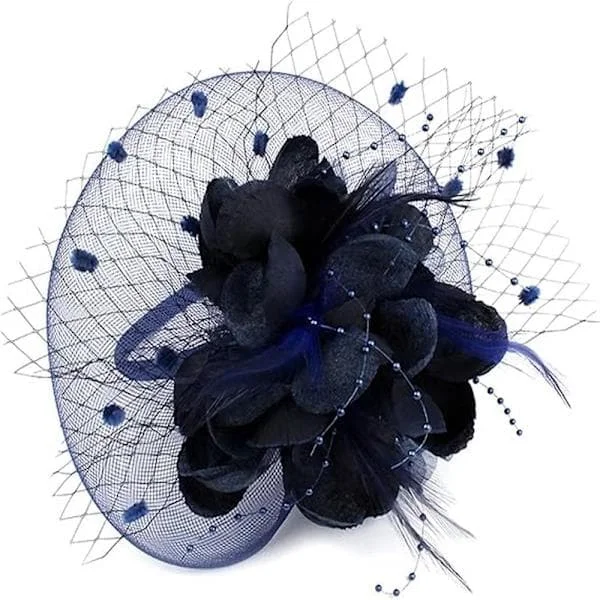 Dame Fascinator Pillbox Hatt Kvinner Blomst Bowler Hatt Fjær Bryllup Cocktail Hatt Hårklemme Fest Hatt Hårtilbehør med Hår (Dyp Blå)
