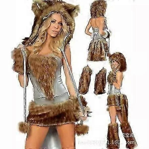 2025 Sexy Christmas Women's Costume Cosplay Big Tail Wolf Cosplay Party Maid Temptation Santa Claus Two-piece Suit Brown-FF- Brown color
