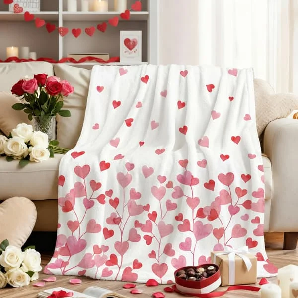 Valentine Flanell Filt, Rosa Blommig Kärlek Hjärtan Mjuk Luddig Plysch Mysig Fleece Filtar för Soffa Säng Avkoppling, Idealiska Gåvor till Fru, 80x60
