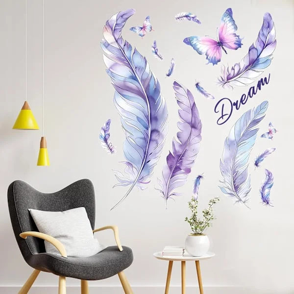 Feather Wall Stickers, Purple Butterfly Wall Decal, Wall Stickers for Living Room, Bedroom, Office, Sofa Background Decoration