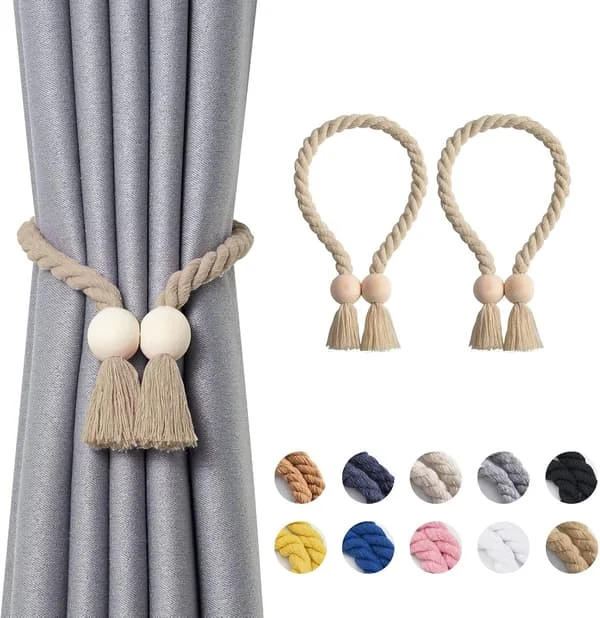 2 Pakke Magnetiske Gardinbånd i Tre med Kuler Boho Hjemmeinnredning Draperingsbånd Naturlig Bomull Håndvevd Tau Gardinholdere (Mørk Beige)