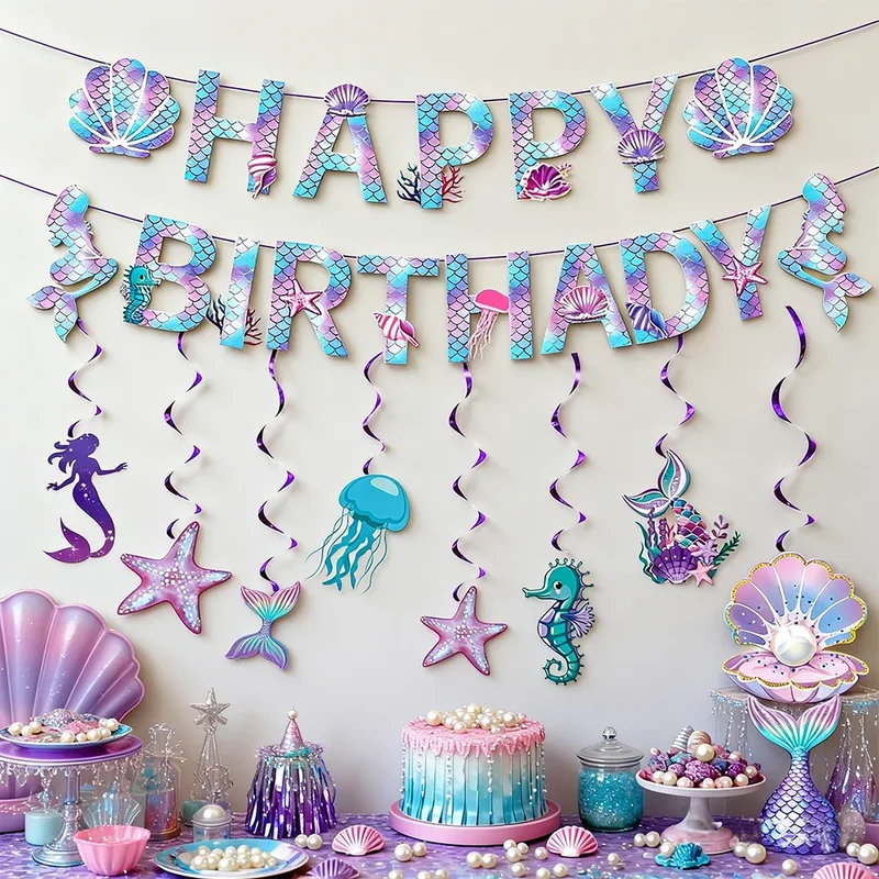 AliExpress - Meerjungfrauen-Party-Banner, hängende Wirbel-Dekoration, Babyparty, Kinder, Mädchen, Geburtstagsdeko, Banner, Meerjungfrauen-