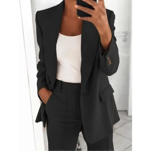[RM]Women's 2 Piece Suit - Blazer Set Elegant Business Workwear Vintage Classic Solid Color Ruched Sleeve Open Front Suit Jacket and Straight Leg 