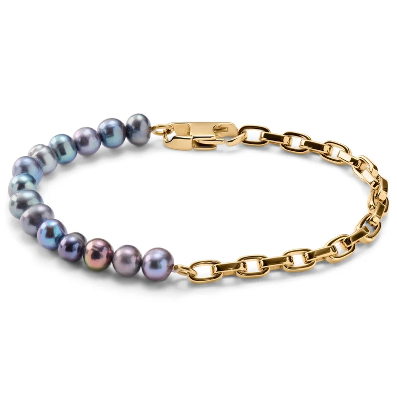 Ocata | Gold-Tone Anchor Chain & Black Pearl Bracelet for Men - Steel bracelets