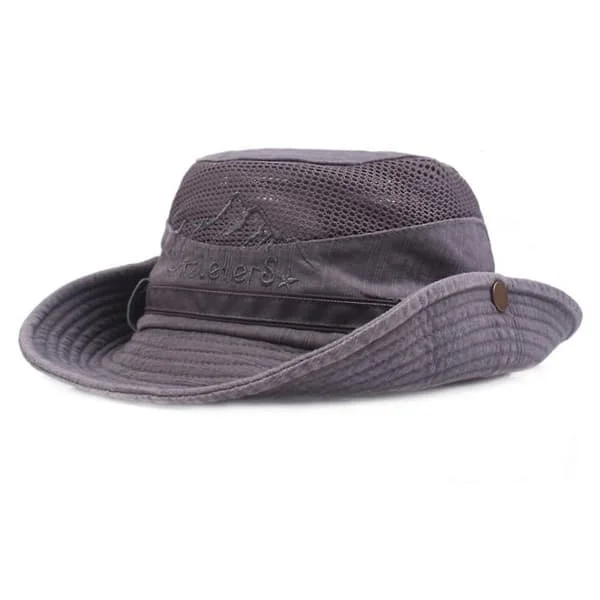 Män Bomull Broderi Hatt Utomhus Solskydd Bred Brätte Vikbar Boonie Bucket Hat (Grå)