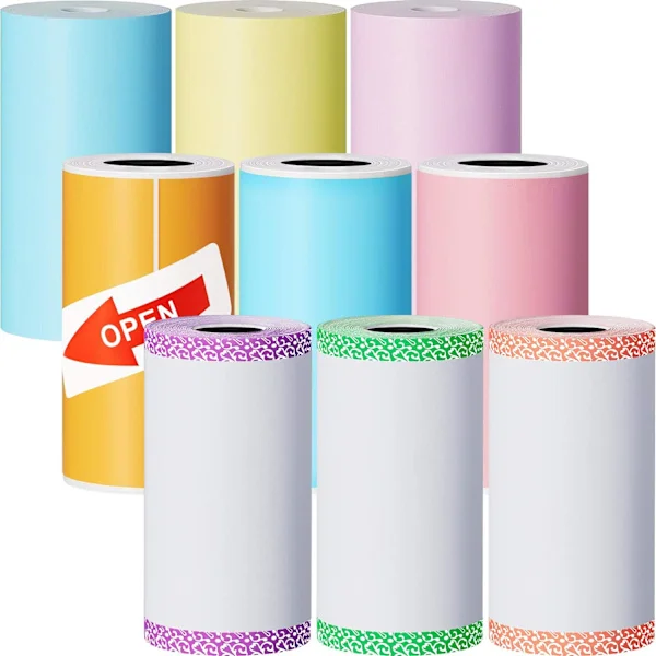 (9,Färgglada) Termiskt papper Mini självhäftande utskrivbart klistermärke Utskrift papper Rulle Kompatibel med A6 P1-serie Miniskrivare