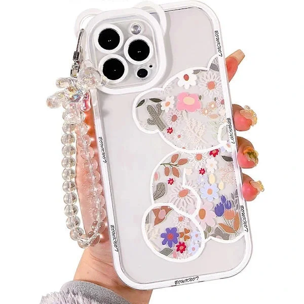 Compatible iPhone 15 Pro Max Case, Clear Cute Floral Bear Pattern for Girls and Women with Chain Lanyard Wrist Strap Soft TPU,...