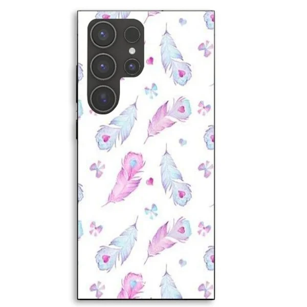 Mobilskal - MANIACASE - Samsung Galaxy S24 Ultra - Svart - TPU-silikon - Mönster av fjädrar och rosa och blå hjärtan