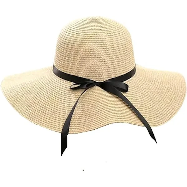 Stråhatt for kvinner, sommerhatt for strand, slapp og sammenleggbar med stor, bred brem og sløyfebånd UPF50.