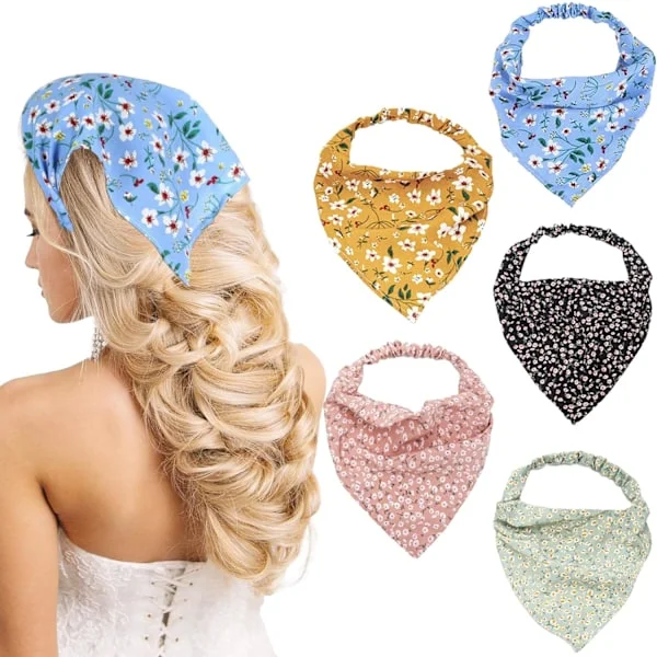 5 STK Hovedtørklæde Pandebånd, Blomstret Hår Tørklæde Boho Hårbånd Chiffon Hårbånd Elastisk Turban Hår Tørklæder Hoved Tørklæde Bandana Hårtilbehør