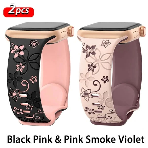 Blommigt graverat armband för Apple Watch Armband 41mm 40mm 44mm 45mm 42mm 38mm 49mm Silikon Sport iWatch Series 10 SE 9 8 7 6 Ultra 2 Svart Rosa-P