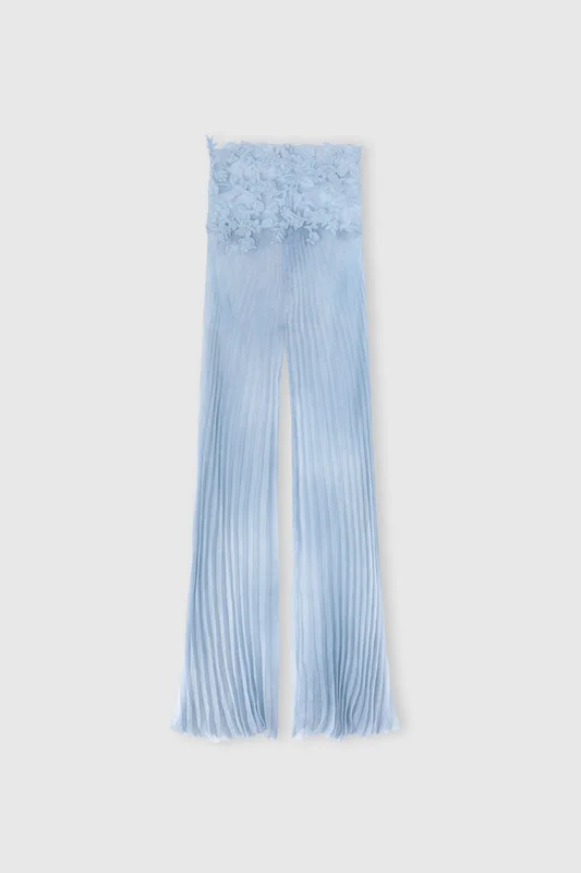 Ermanno Scervino Pantaloni in seta con balza alta in tulle e pizzo rebrodé azzurro denim