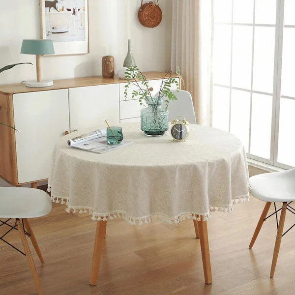 Round tablecloth 120 cm in linen and cotton, washable and stain-resistant table cloth with tassels for birthday, wedding, dining room, coffee table