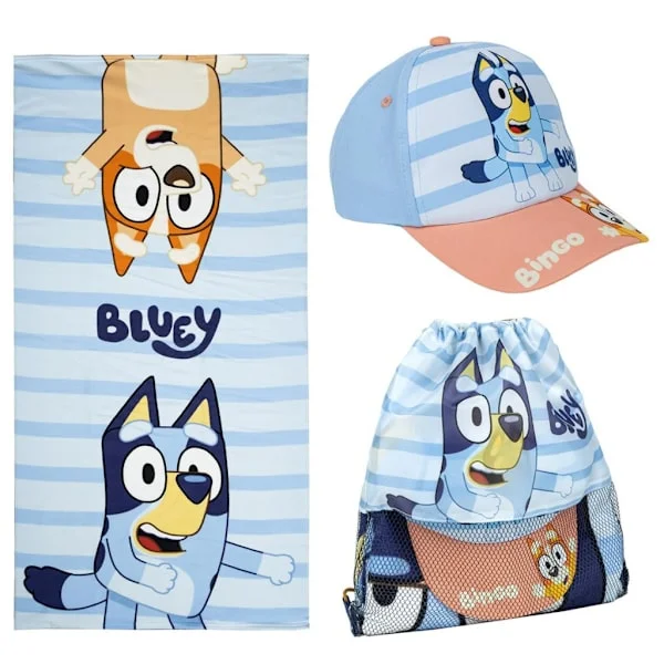 Bluey 3-dels sett – Lue, håndkle og gymbag for barn