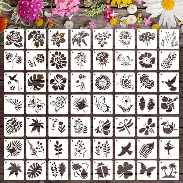 56 deler blomstermalerstenciler, 7,62 cm små gjenbrukbare plaststenciler for barn til tegning, DIY-maling og kunstprosjekter