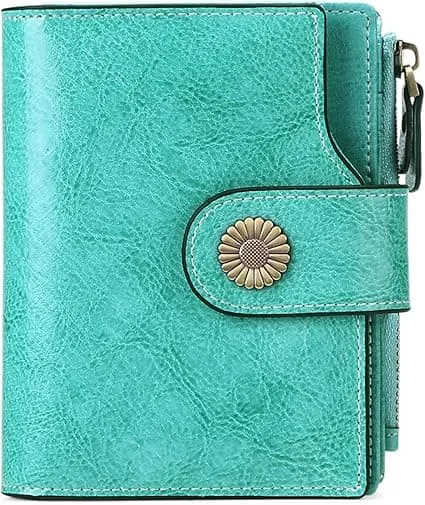 Short women's genuine leather wallet with RFID protection, 16 card slots including 2 ID windows and 1 zip pocket