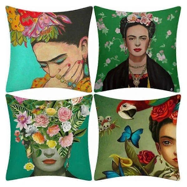 4 st oljemålning Frida Kahlo självporträtt bomull linne prydnadskudde örngott bil, soffkudde, soffa, överkast 45,7 x 45,7 cm