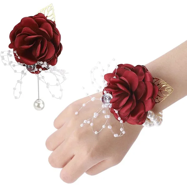 Todelt sæt af røde corsage-rose håndleds-corsage armbånd til