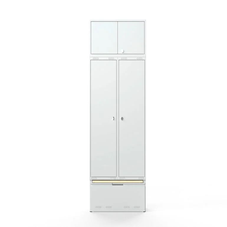 Clothes locker FORCE, 2 modules, upper cupboard, pull-out drawer with bench, 2740x800x550 mm, grey