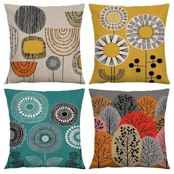 Kuddfodral 4-pack, Abstrakt Blommigt Träd, Cartoon, Dekoration, Kuddfodral 45x45cm, Mjukt Kvadrat, Växt, Lanthus, Kuddfodral, Soffa, Sovrum, 