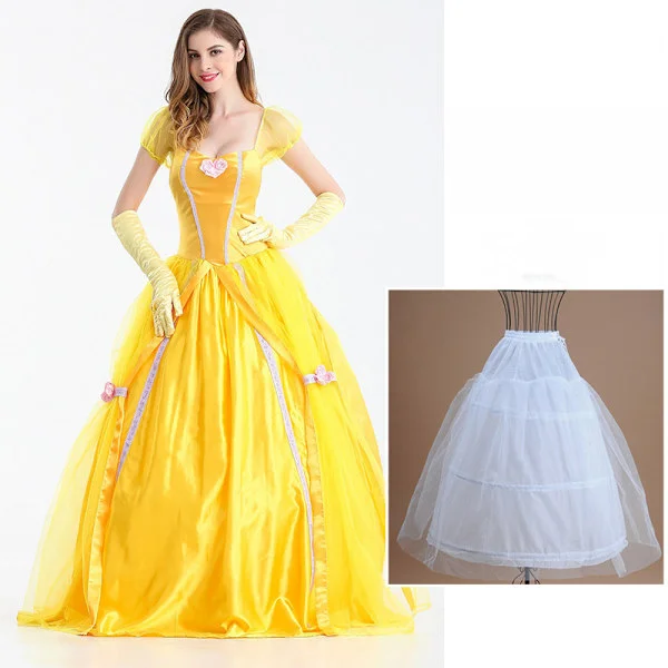 Belle-mekko aikuisten prinsessa-asu juhliin, karnevaaleihin, cosplayhin, esityksiin, Halloweeniin, keltainen asu käsineillä ja suurella krinoliinilla,