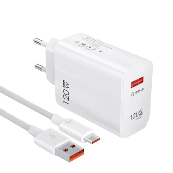120W USB-lader Quick Charge QC3.0 USB C-kabel Type C-kabel Mobillader for Huawei Samsung Xiaomi Hurtiglading EU-Hvit-10A