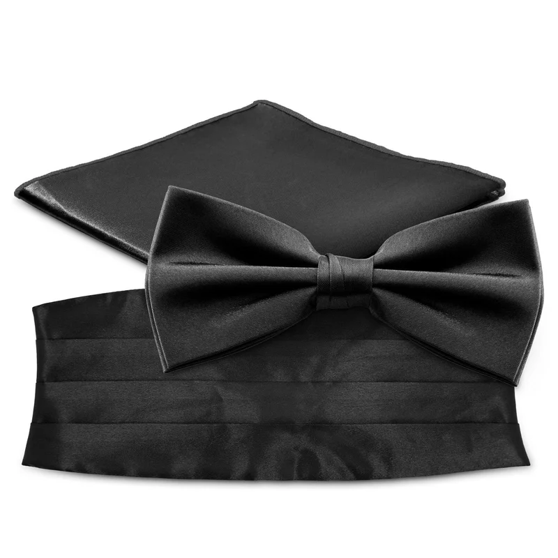 Set con papillon pre-annodato, fazzoletto da taschino, e fascia da smoking colore nero per uomini - Set di papillon