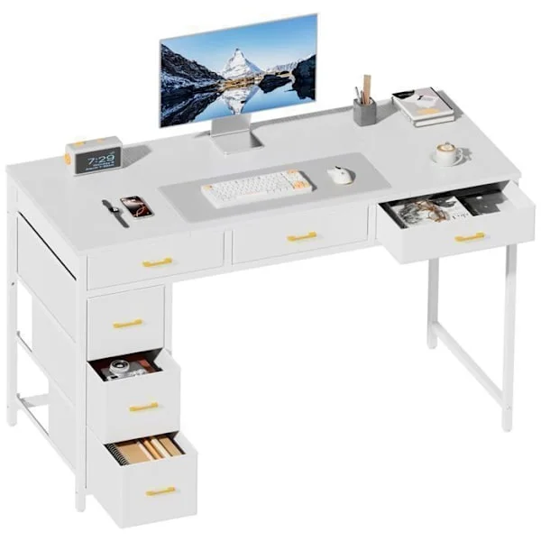 EcoFurnix Bureau gaming 6 lådor i tyg 120 x 50 cm – Platsbesparande datorbord för kontor, sovrum eller vardagsrum – Vit
