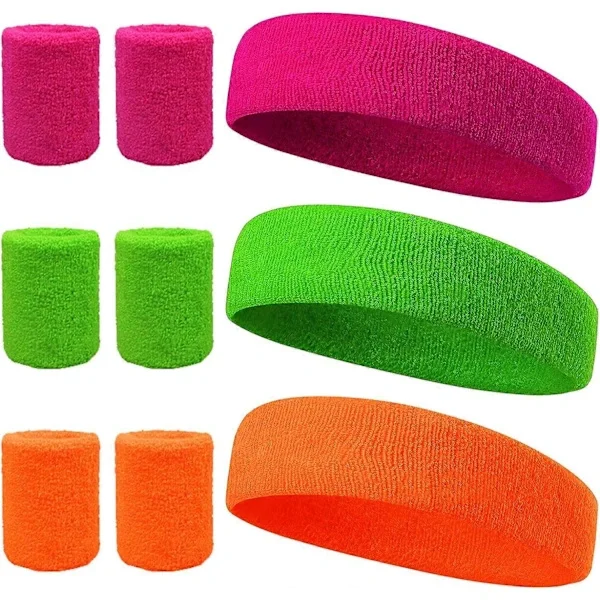 9 stk Pannebånd og Armbånd Sett Neon 80-talls Fest Svettebånd Kit Sport Svettebånd Pannebånd Armbånd Sett for Barn Kvinner Menn Morsom Løp Fancy 