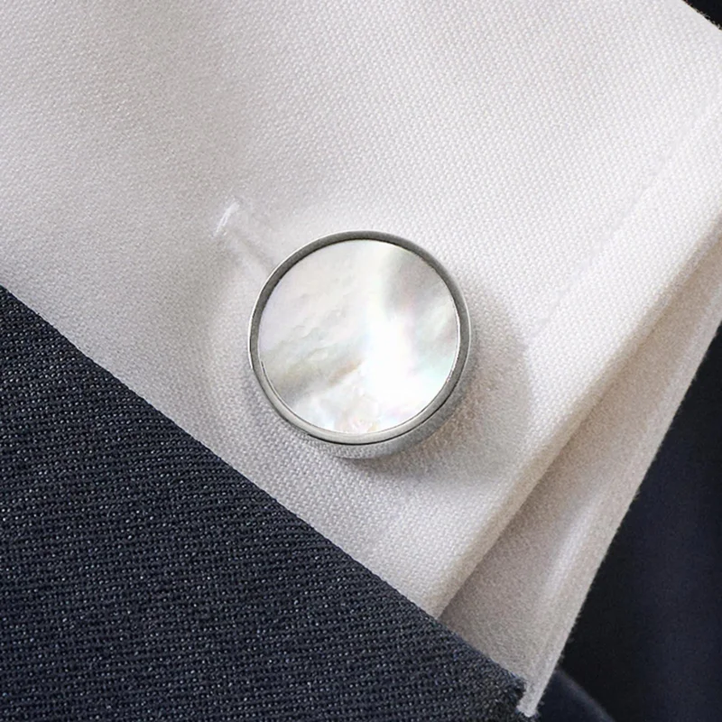 Round Silver-Tone Cufflinks with Mother-of-Pearl Inlay for Men