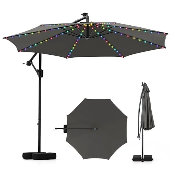 Parasoll med fot 3M med 96 LED-lampor - COSTWAY - Solskydd - Inklinerbar med 360° rotation - 2 sandsäckar - 8 ribbor Grå