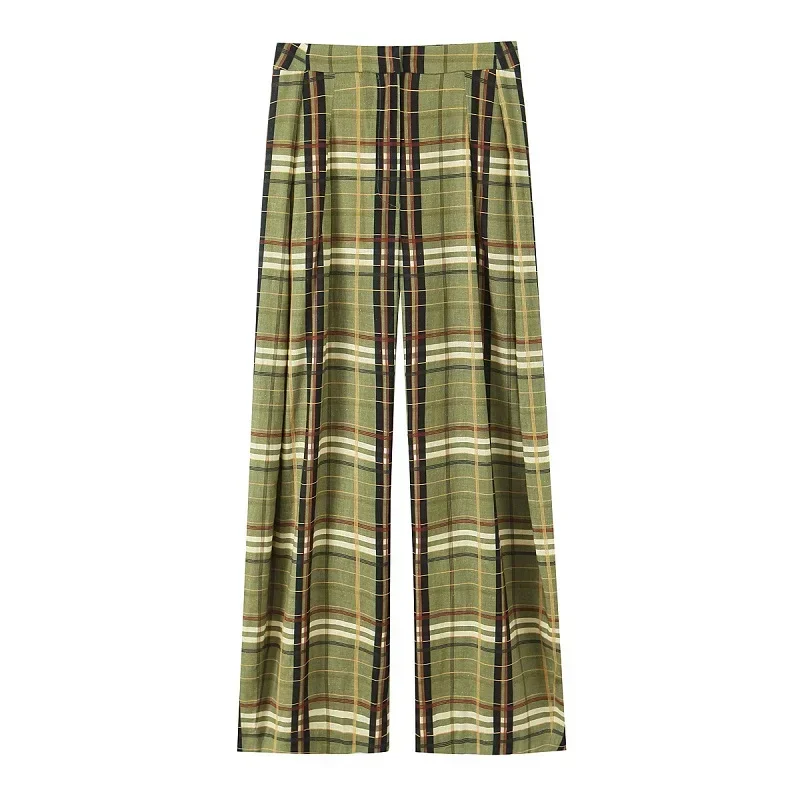 AliExpress - MUJER Karierte Baggy-Hose für Damen, lässige Hose mit weitem Bein für Damen, mittlere Taille, Übergröße, Damenhose, Vintage-Plisseehose 