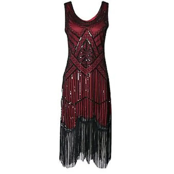Naisten 1920-luvun Flapper-mekko Pitkä Franssuilla Suuri Gatsby -asu 20-luvun Vintage-juhlamekko Helmiä ja Pailletteja Vintage-mekot (XL Musta 
