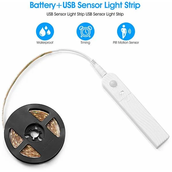 2M LED-list med rörelsesensor, 120 LED dimbar batteridriven självhäftande LED-list, för kök väggskåp garderob trappor (kallvitt)