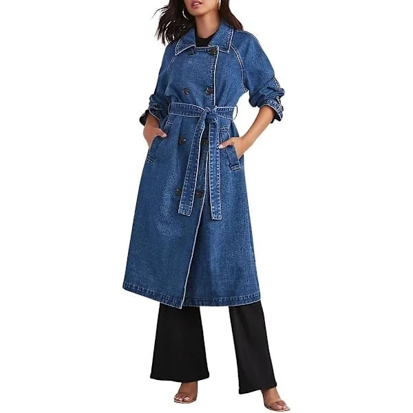 Vintage Long Denim Jacket for Women, Oversized Fit, Double-Breasted Denim Jacket, Belted Trench Coat Denim Blue Denim Blue Medium Denim Blue Medium