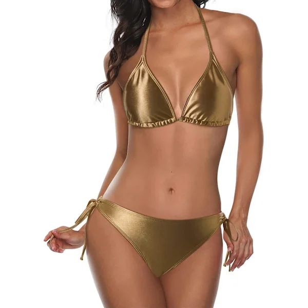 WJSM Dame Triangel Bikini Sett Halter Todelt Sexy Badedrakt String Truse Knyting i Siden Metallisk Gull[GKS]