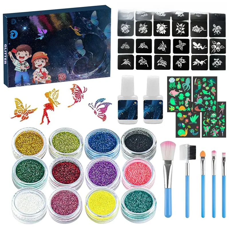 AliExpress - 12 kleuren tijdelijke glitter tattoo kit met 24 stencils 4 lichtgevende tattoo stickers kunst glitter make-up kerstvakantie geschenken