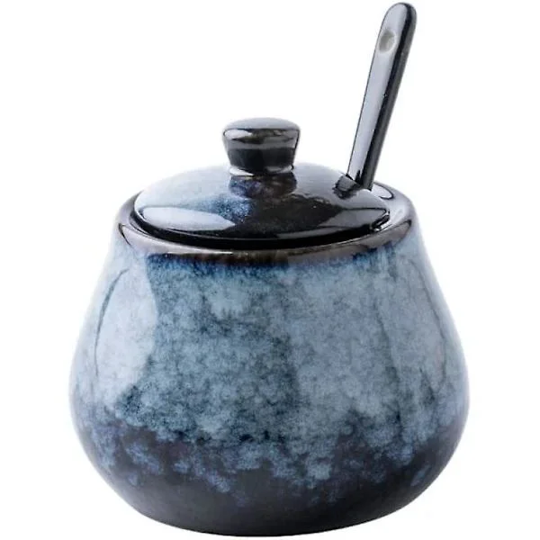 Antique Ceramic Sugar Bowl Salt Cellar with Lid and Spoon 240ml Spice (Grey-Blue) Spice JarBY
