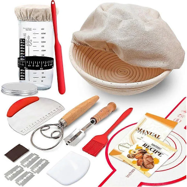 Complete Sourdough Starter Kit with Proofing Basket and Glass Jar for Bread Baking