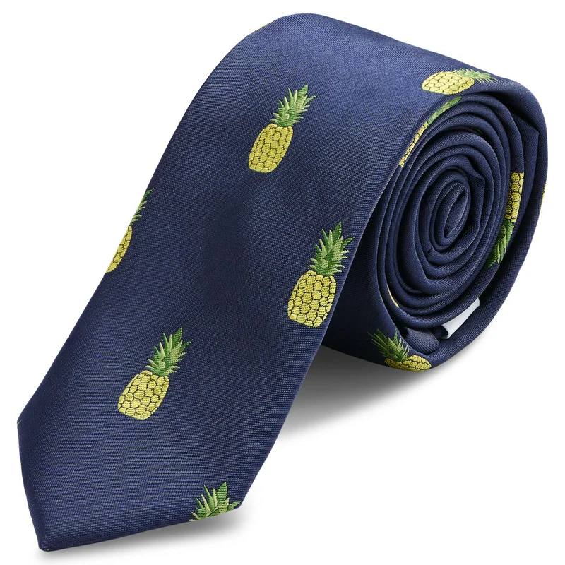 Corbata estrecha azul marino con piñas para hombres - Corbatas estrechas