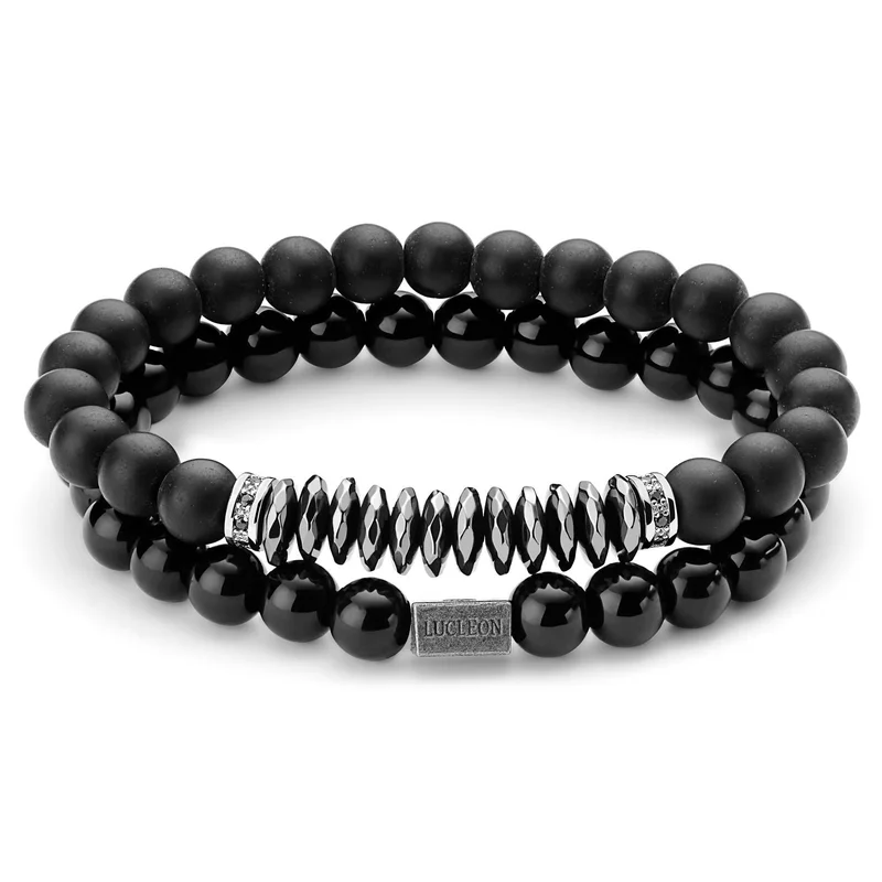 Black Onyx, Hematite & Zirconia Bracelet Set for Men - Beaded bracelets