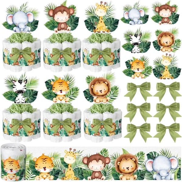 12 set Safari djungel baby shower dekorationer skog blöjtårta med djurutskärningar säckväv bladband löv sommar könsavslöjande festdekor -