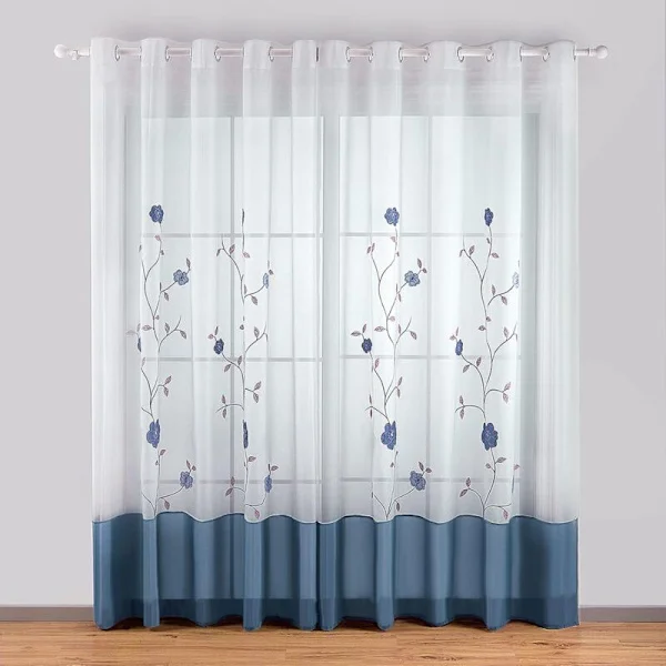 1 stk. transparent gardin med blomsterbroderi for soverom, kjøkken, stue, 140 cm x 175 cm, solrik blå