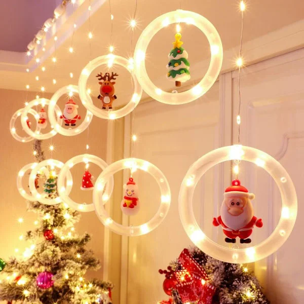 Julgardin med ljusslinga 3m Girlang ljusslinga inomhus fönster USB varmvit 10 ringar med 3D julfigur ljusslinga dekoration sovrum hem fest