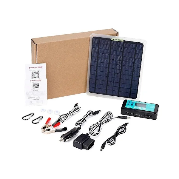 20W Solcellepanel 12V 10A Batterikontroller Bil Lader Utendørs Batteriforsyning for Bilbatteri med OBD-kontakt