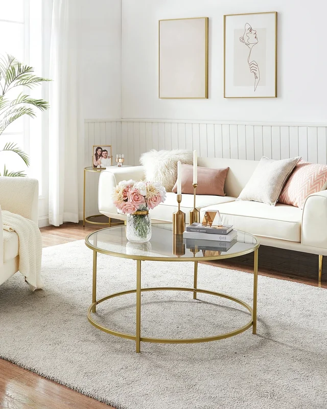 AliExpress - VASAGLE Couchtisch rund, Beistelltisch, Glastisch mit goldenem Eisen-Gestell, Wohnzimmertisch, Sofatisch, robustes Hartglas